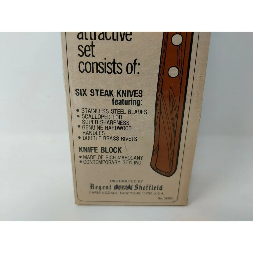 Vintage Regent & Sheffield 6 Piece Steak Knife Set w/ Genuine Mahogany Block NOS